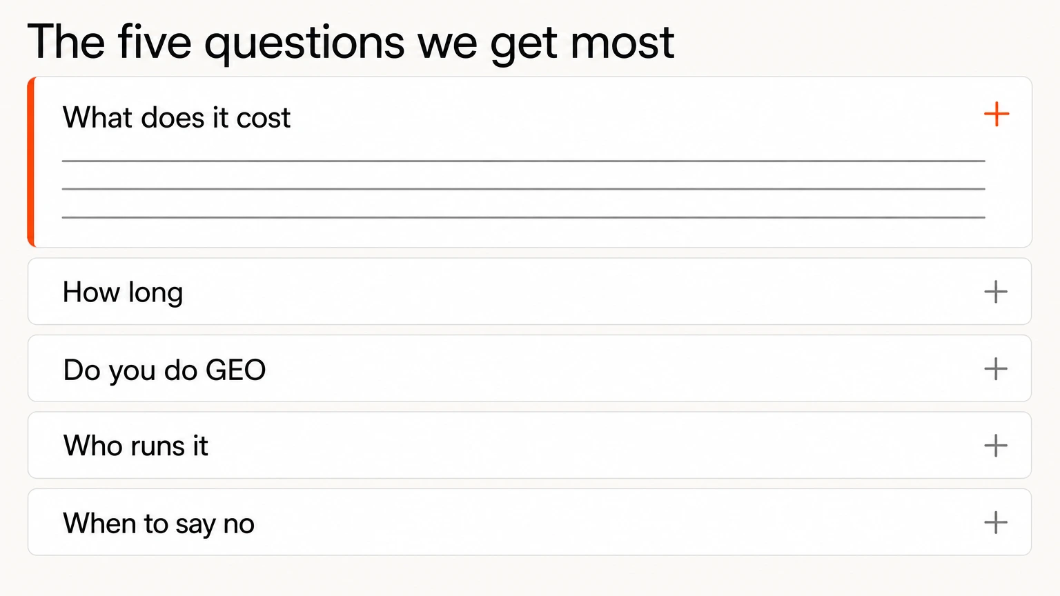 A frequently asked questions panel with the first of five questions expanded