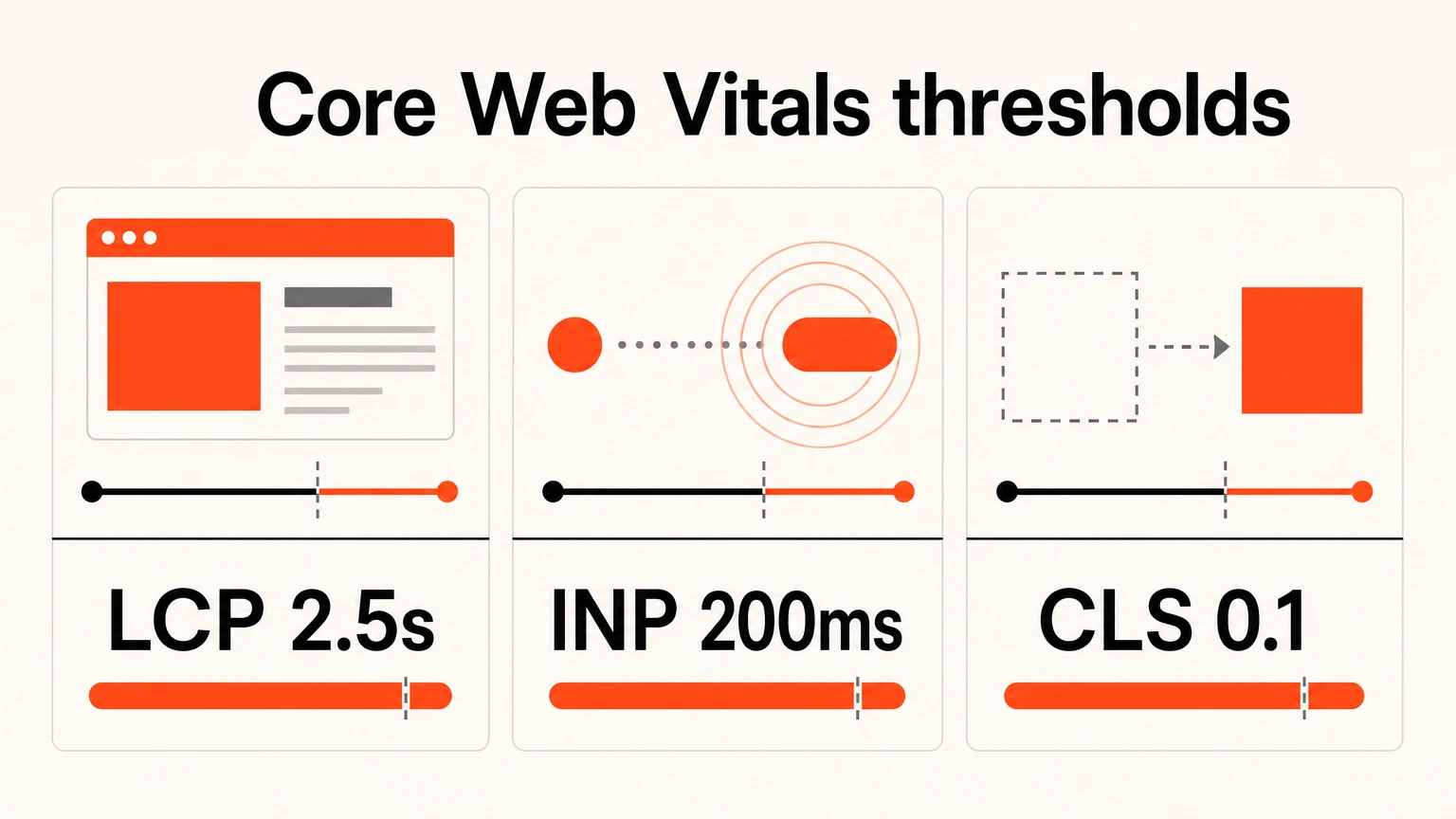 Core Web Vitals pass marks, LCP under 2.5s, INP under 200ms, CLS under 0.1