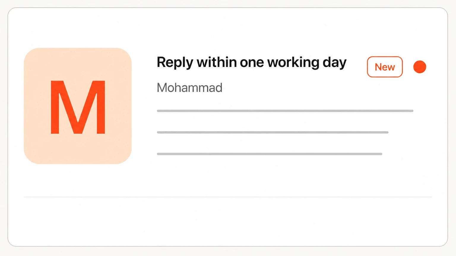 A notification card showing a reply from Mohammad arriving within one working day