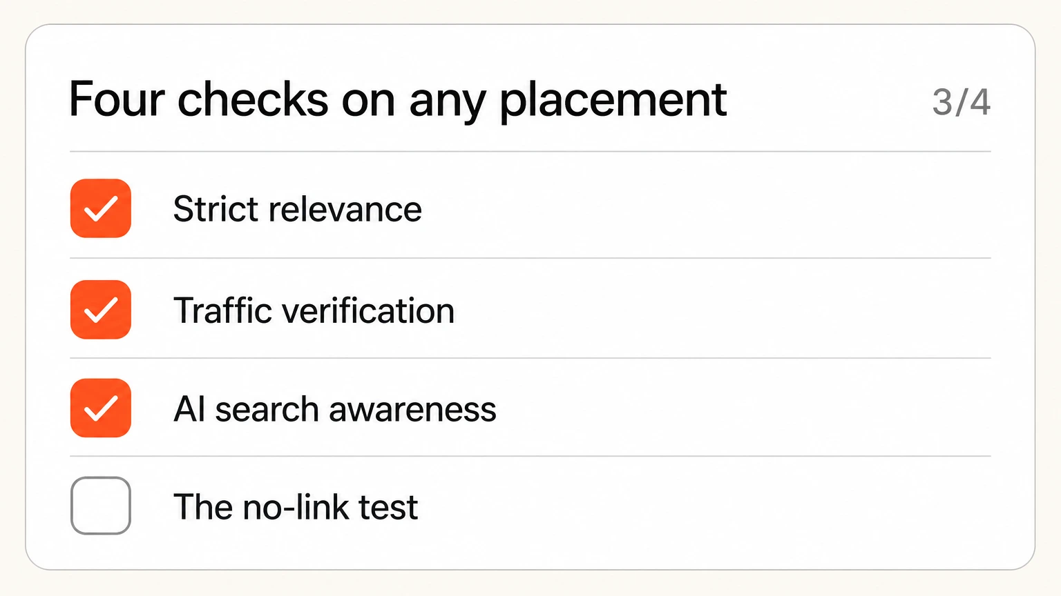 Four checks that predict placement value, from strict relevance to the no-link test