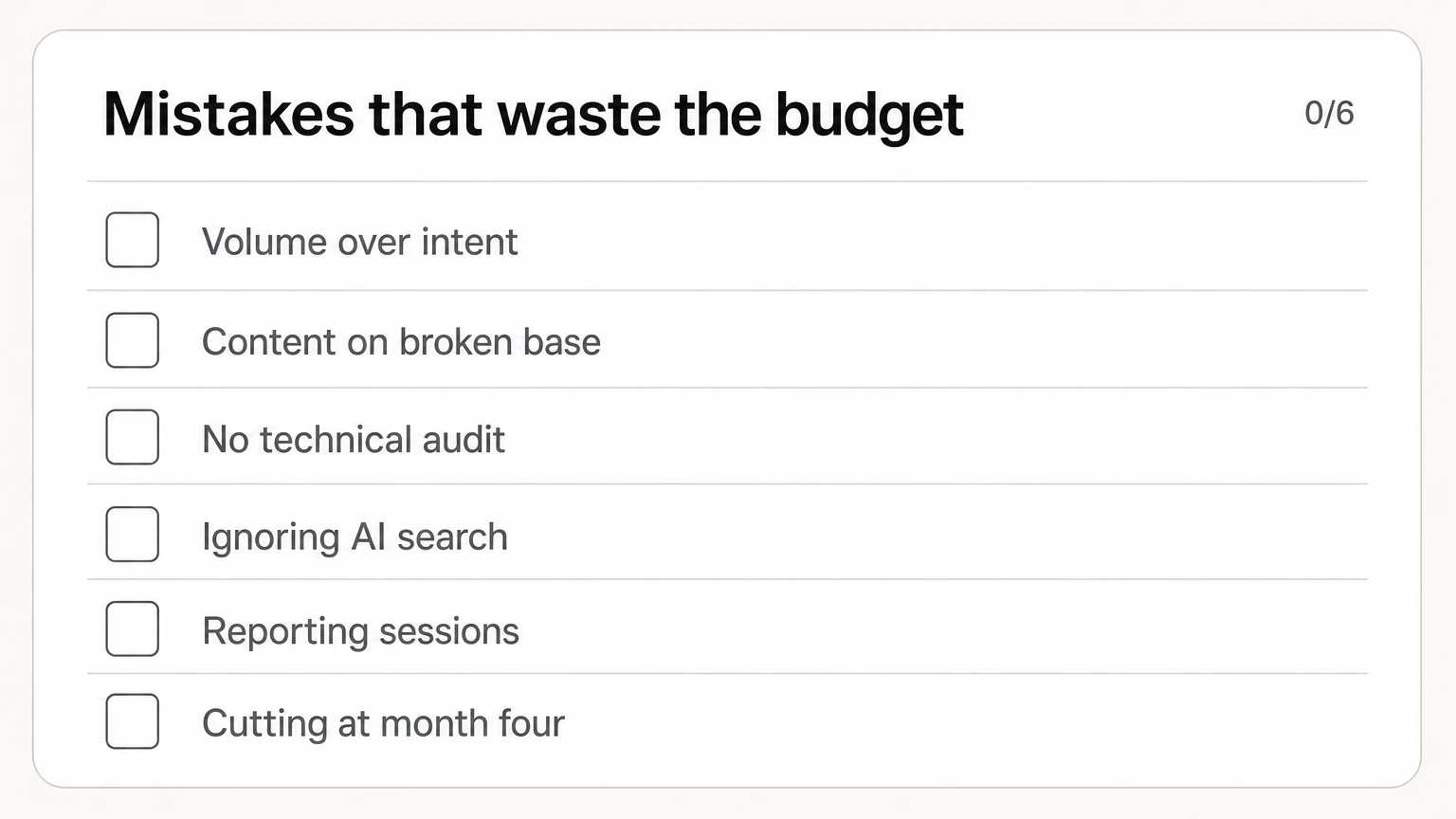 Six mistakes that waste a SaaS SEO budget, from chasing volume to cutting at month four