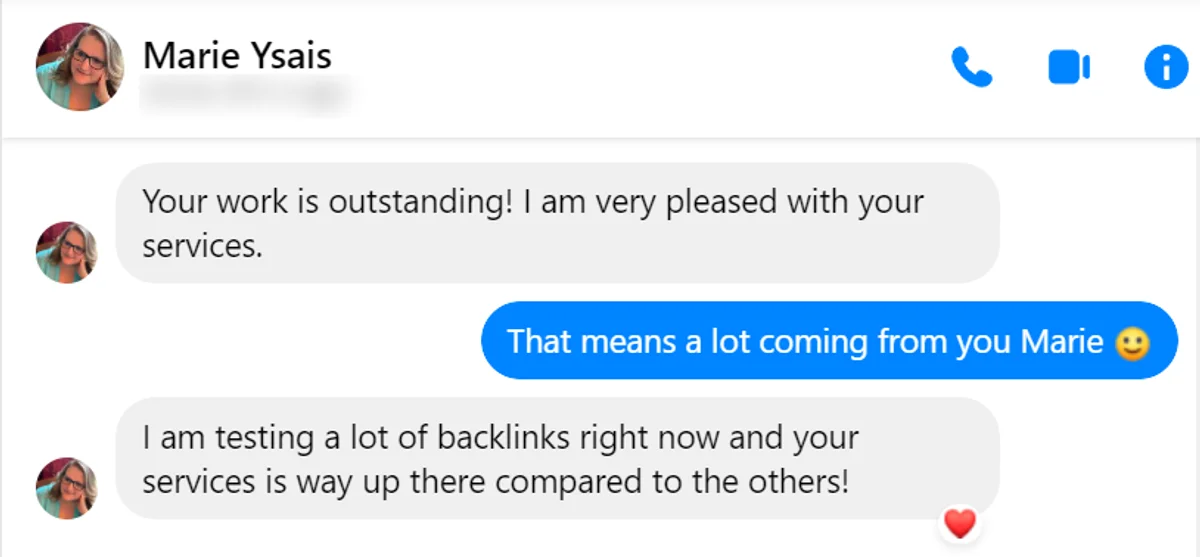 Messenger exchange where Marie Ysais calls the work outstanding and rates it above other providers